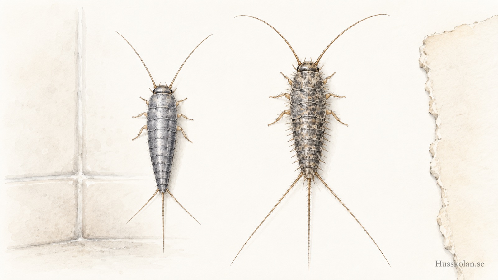 AI-genererad illustration av två silverfiskliknande insekter med olika långa spröt.