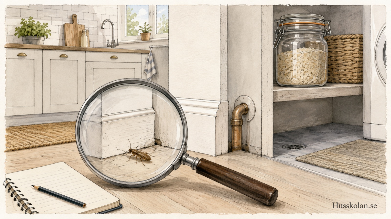AI-genererad illustration av ett kök med en insekt vid golvlisten, en anteckningsbok och mat i sluten burk.